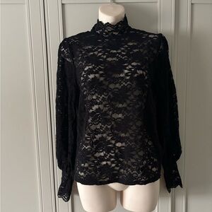 Black Floral Lace Sheer Long Sleeve Mock Neck Top Size Small